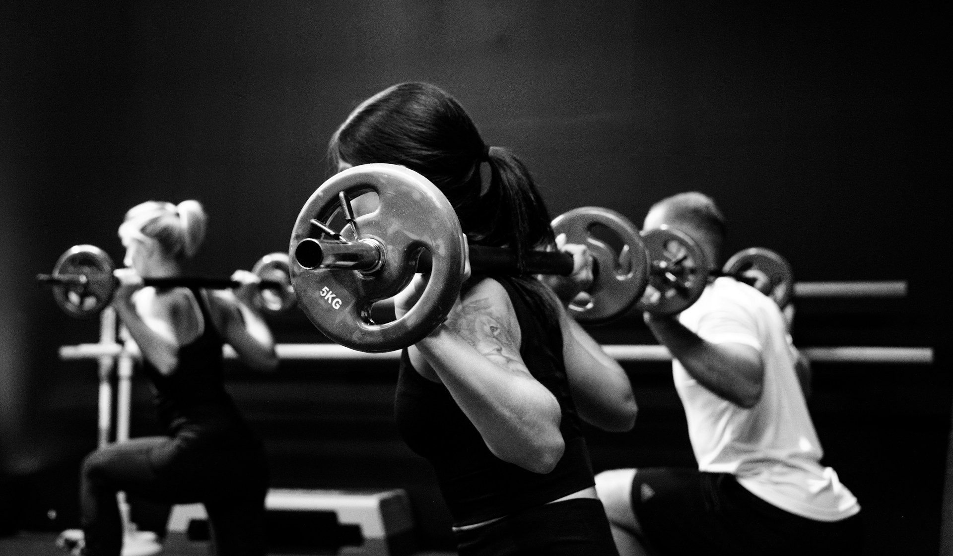 Monotone photo of 3 people squatting with barbells.